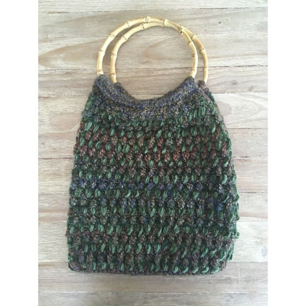 Vintage Boutique Hand Made Bamboo Handle Thick Yarn Knitting Hobo Purse Bag 25”